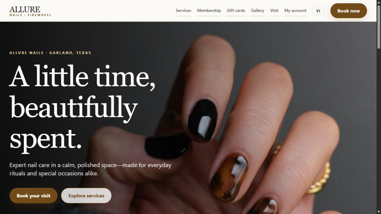Actual Allure Nails customer website, showing services and online booking