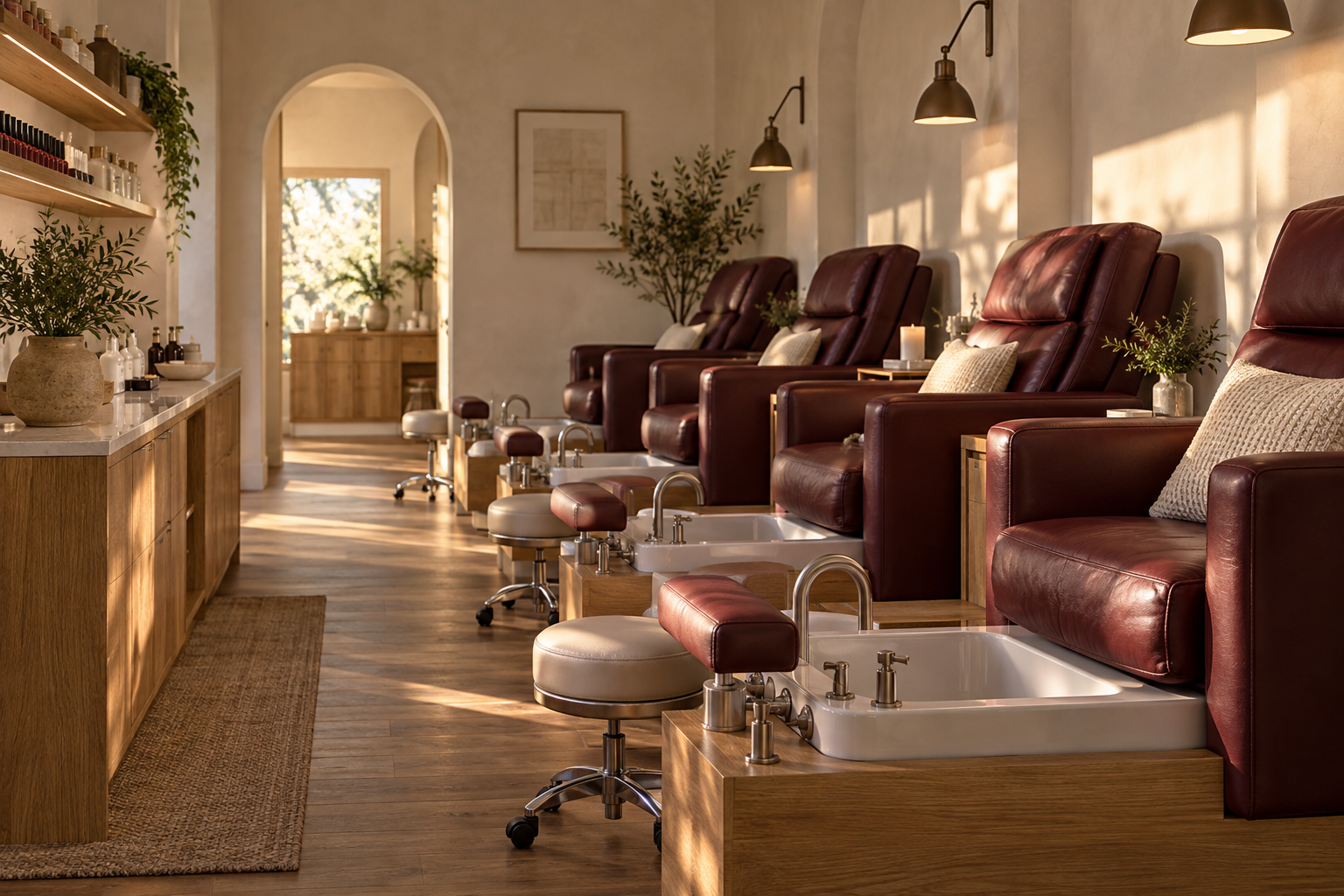 Illustrative salon interior with empty burgundy pedicure chairs in warm afternoon light